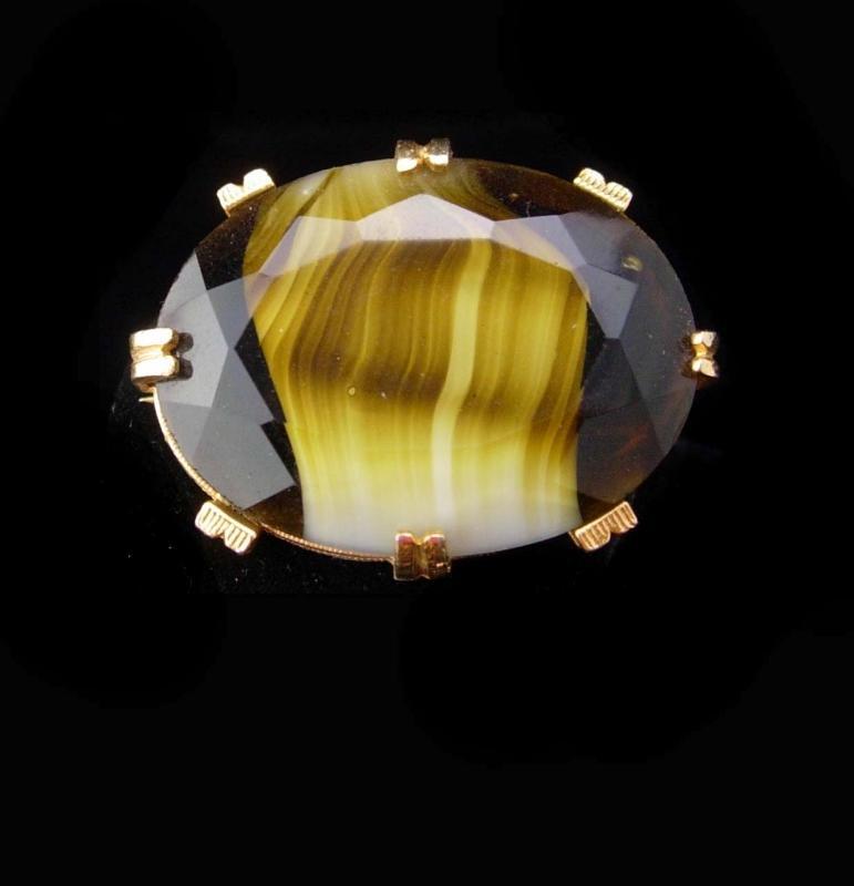 Vintage slag glass brooch brown stripe Glass gold brooch German Brooch