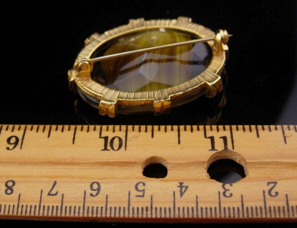 Vintage slag glass brooch brown stripe Glass gold brooch German Brooch