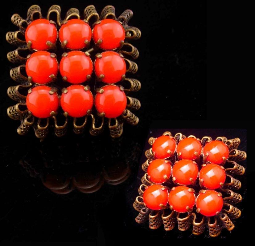 Vintage brooch Fancy Czech brooch ruffle filigree deep orange Glass Brooch with ornate metal work