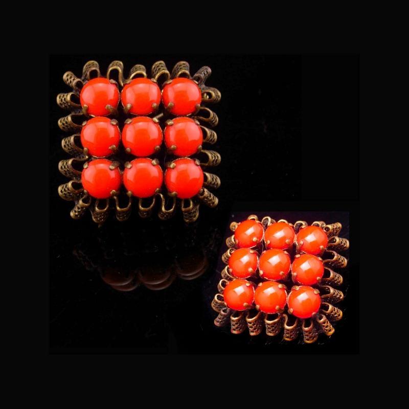 Vintage brooch Fancy Czech brooch ruffle filigree deep orange Glass Brooch with ornate metal work