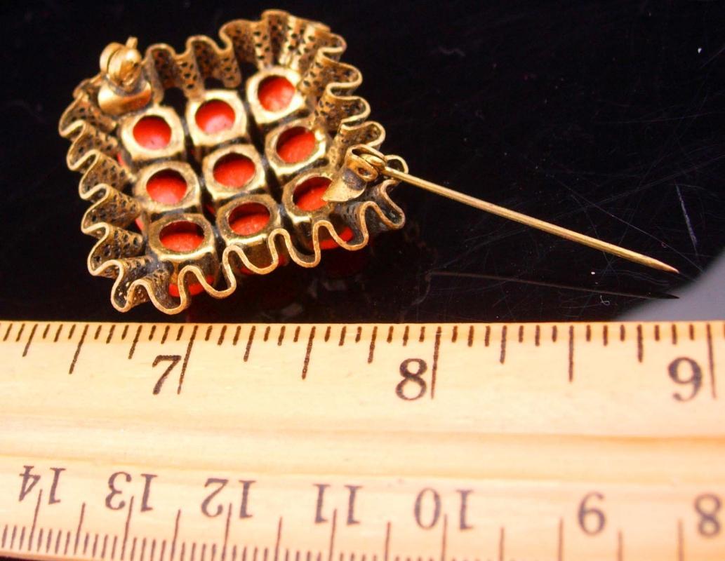 Vintage brooch Fancy Czech brooch ruffle filigree deep orange Glass Brooch with ornate metal work