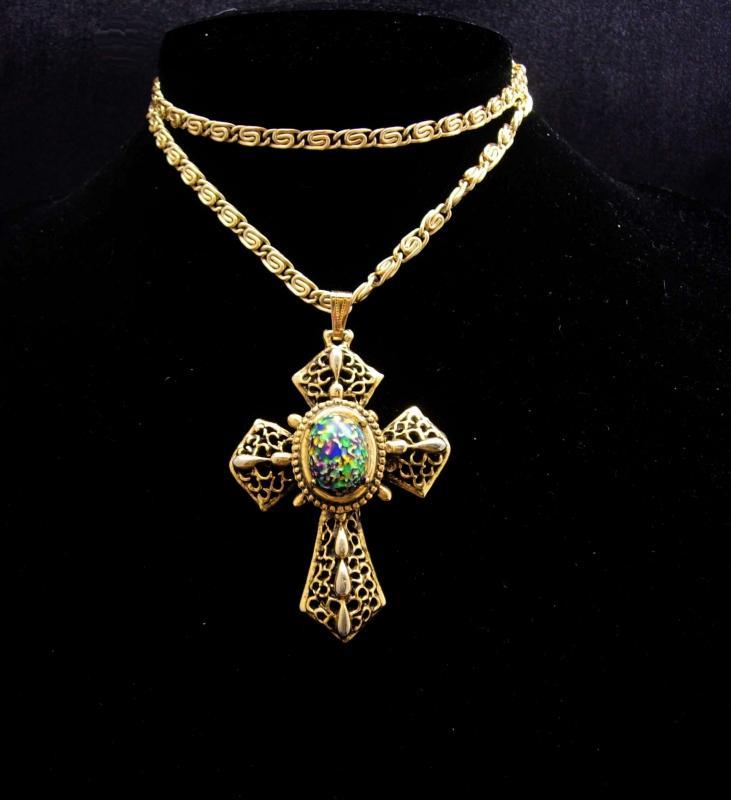 Medieval necklace Cross necklace Gothic Dragons EGG Glass gold Cross necklace