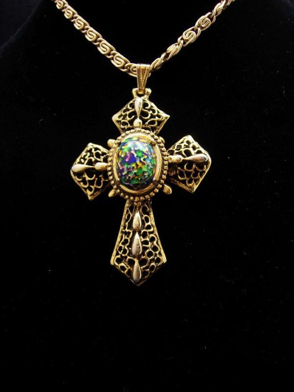 Medieval necklace Cross necklace Gothic Dragons EGG Glass gold Cross necklace