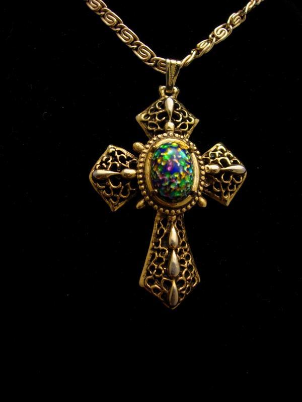 Medieval necklace Cross necklace Gothic Dragons EGG Glass gold Cross necklace