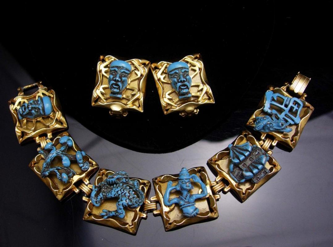Dragon set VINTAGE ENAMEL medieval DRAGON Devil bracelet earrings parure