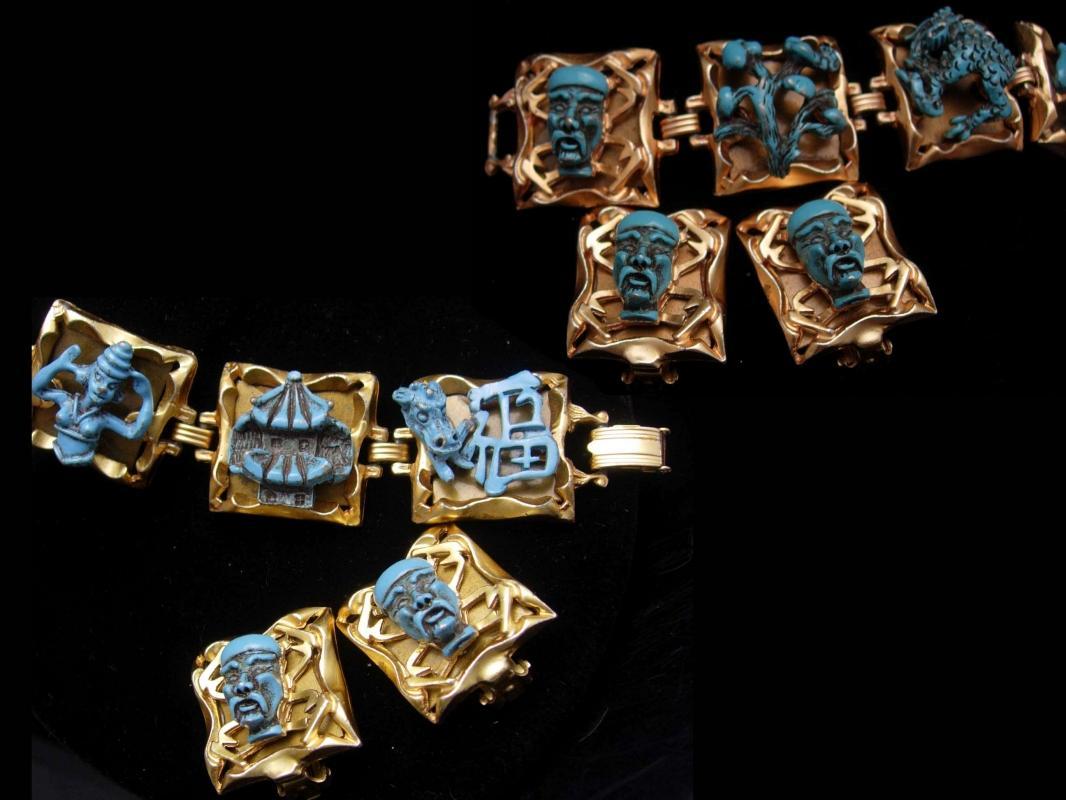 Dragon set VINTAGE ENAMEL medieval DRAGON Devil bracelet earrings parure