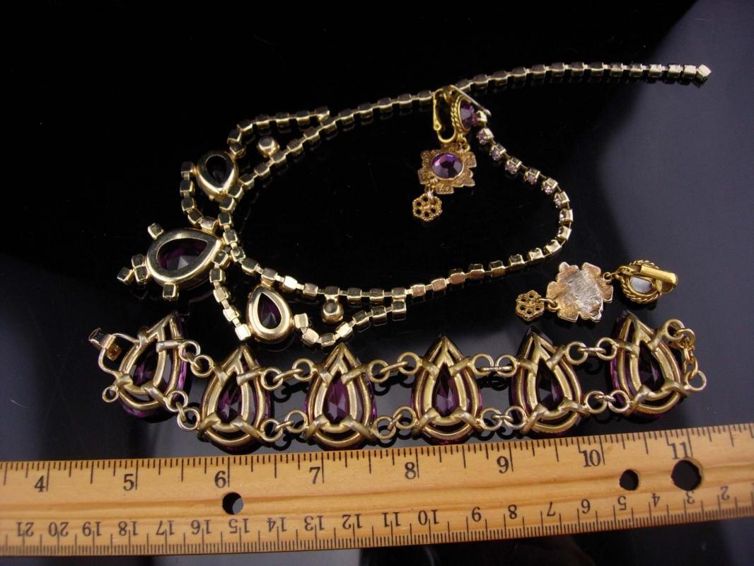 Vintage Purple statement bracelet / glass rhinestone necklace / amethyst color clip on earrings / gold demi parure / bib necklace