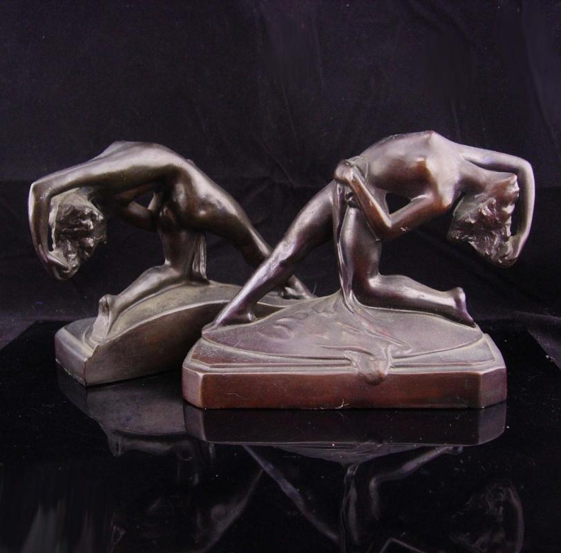 Art deco nude bookends / bronze erotic figural / antique statue / nude sculpture set / art nouveau book ends / french art