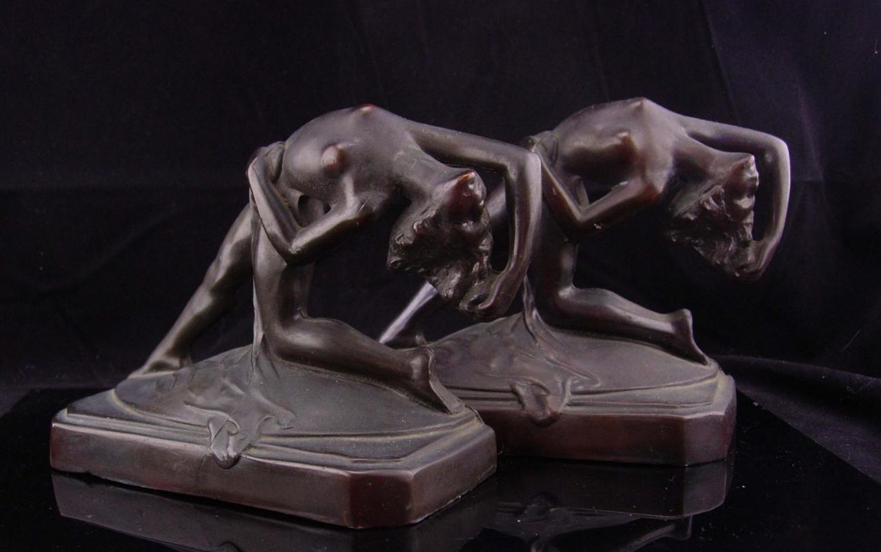 Art deco nude bookends / bronze erotic figural / antique statue / nude sculpture set / art nouveau book ends / french art
