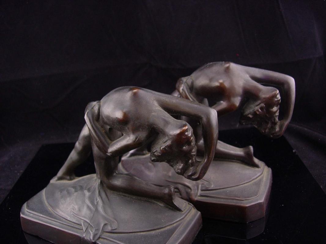 Art deco nude bookends / bronze erotic figural / antique statue / nude sculpture set / art nouveau book ends / french art