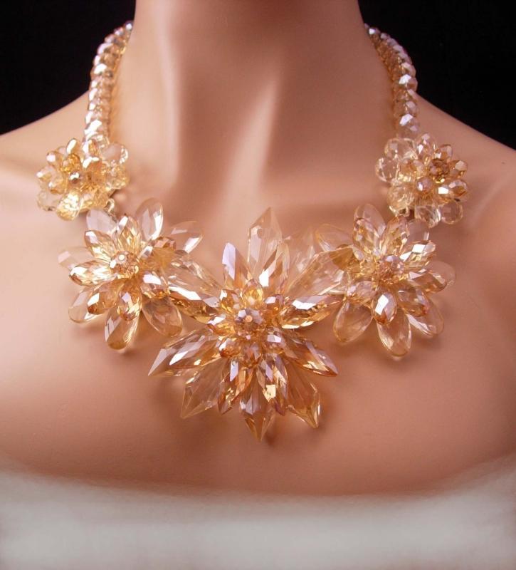 Runway necklace / huge statement choker / crystal faceted bib / flower bib / brilliant faceted glass / pale yellow jewelry / couture jewelry