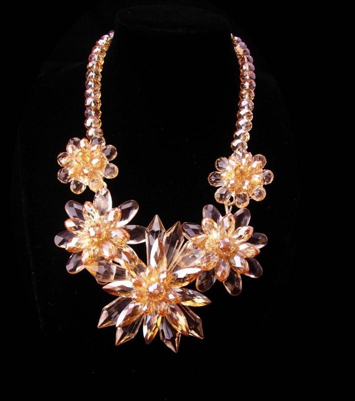 Runway necklace / huge statement choker / crystal faceted bib / flower bib / brilliant faceted glass / pale yellow jewelry / couture jewelry
