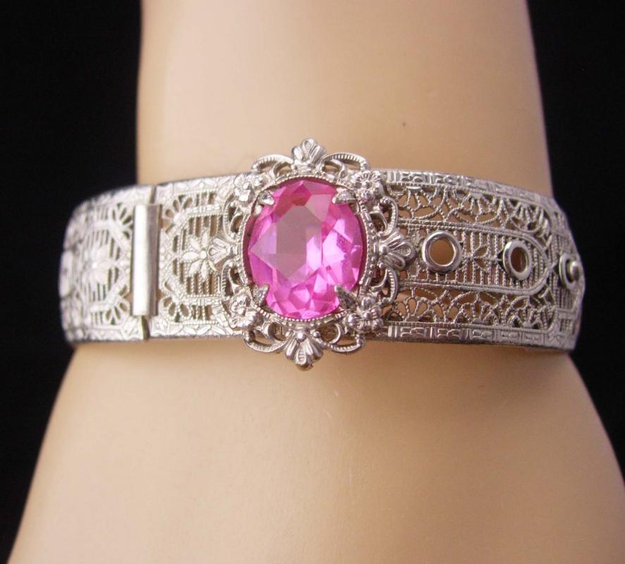 Vintage Art Deco Bracelet / silver filigree bangle / pink jeweled bangle / Great period piece / hinged estate jewelry / anniversary gift
