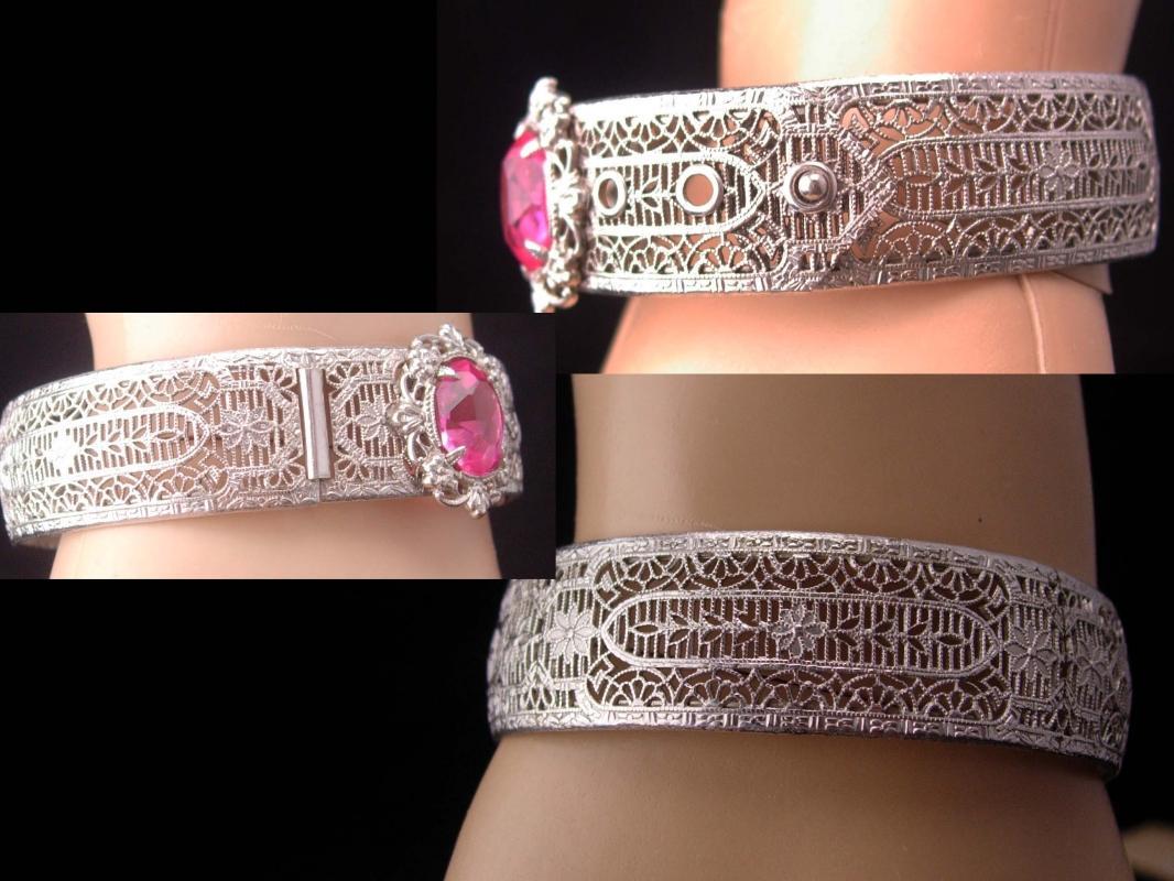 Vintage Art Deco Bracelet / silver filigree bangle / pink jeweled bangle / Great period piece / hinged estate jewelry / anniversary gift
