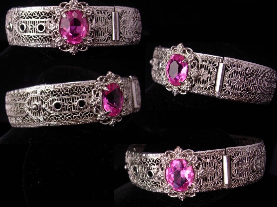 Vintage Art Deco Bracelet / silver filigree bangle / pink jeweled bangle / Great period piece / hinged estate jewelry / anniversary gift