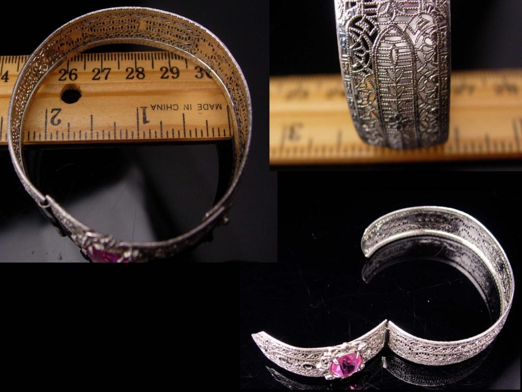 Vintage Art Deco Bracelet / silver filigree bangle / pink jeweled bangle / Great period piece / hinged estate jewelry / anniversary gift