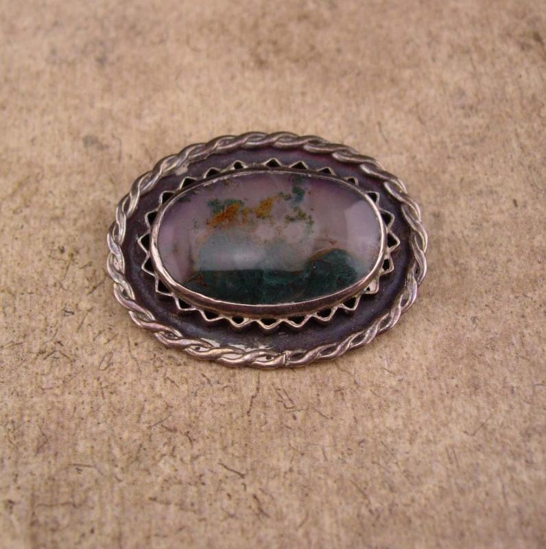 Antique Moss Agate brooch / sterling picture agate pin / silver haunted brooch / estate jewelry / hand made artisan jewelry / unisex pin
