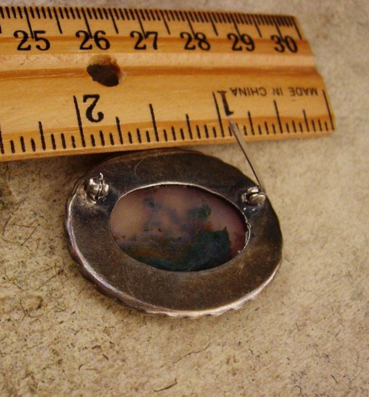 Antique Moss Agate brooch / sterling picture agate pin / silver haunted brooch / estate jewelry / hand made artisan jewelry / unisex pin