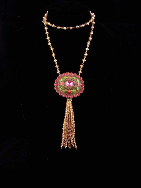 Antique Enamel Brooch / tassel necklace set / Pink green Ophelia's Garden / Gothic jewelry / 2 pc set / goddess jewelry / estate jewelry