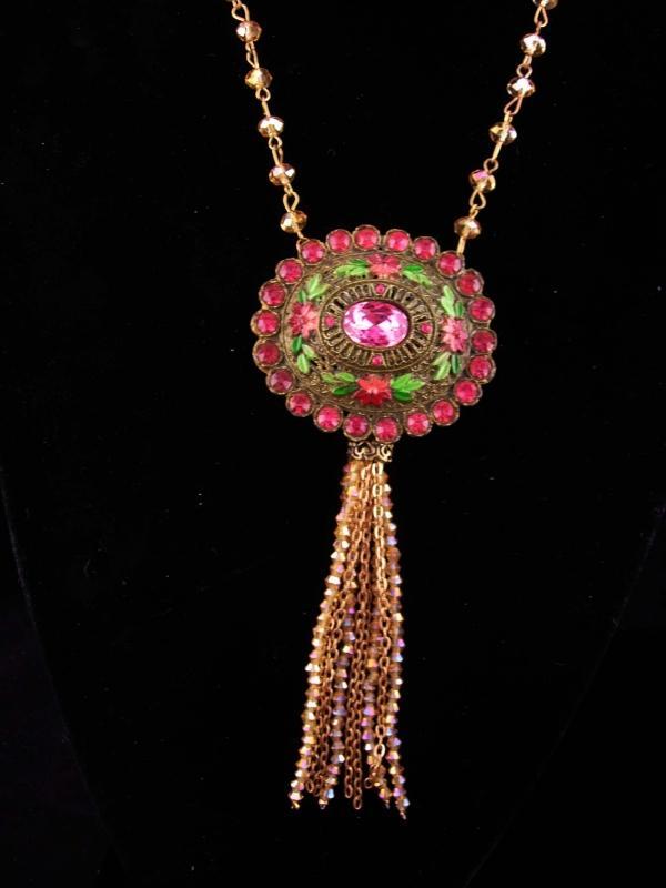 Antique Enamel Brooch / tassel necklace set / Pink green Ophelia's Garden / Gothic jewelry / 2 pc set / goddess jewelry / estate jewelry