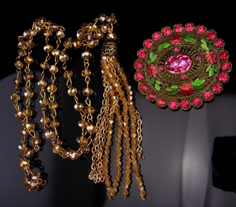 Antique Enamel Brooch / tassel necklace set / Pink green Ophelia's Garden / Gothic jewelry / 2 pc set / goddess jewelry / estate jewelry