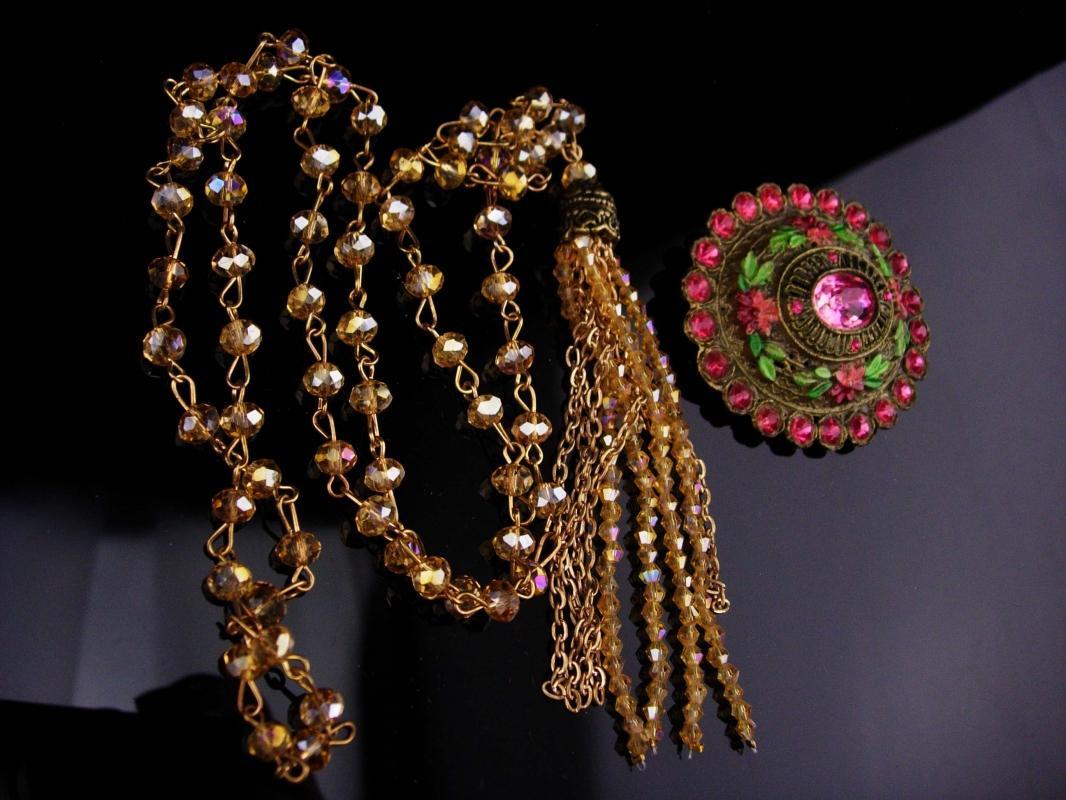 Antique Enamel Brooch / tassel necklace set / Pink green Ophelia's Garden / Gothic jewelry / 2 pc set / goddess jewelry / estate jewelry