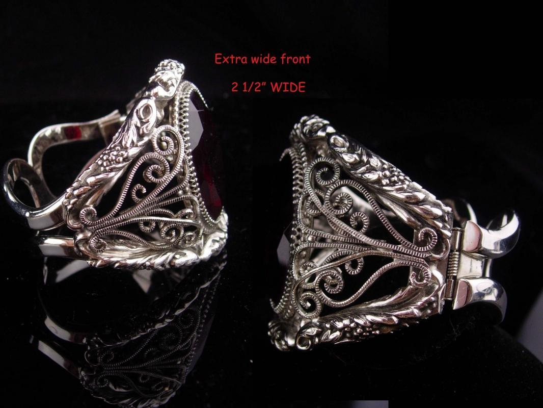 Whiting & Davis bracelet / HUGE red stone / Goddess bangle / Vintage signed jewelry / silver estate bracelet / costume jewelry / big cuff