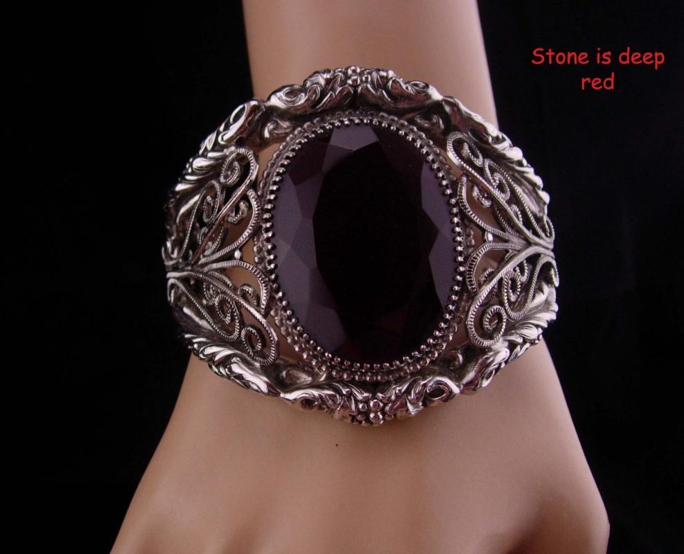 Whiting & Davis bracelet / HUGE red stone / Goddess bangle / Vintage signed jewelry / silver estate bracelet / costume jewelry / big cuff