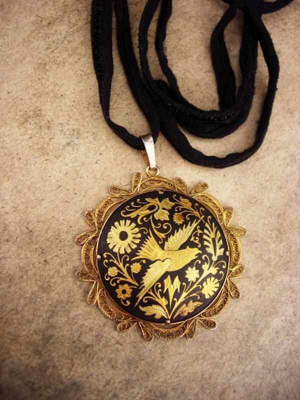 Vintage Saint de' espirit Necklace / Holy dove in gold / japanned black metal / Saint-Esprit pendant / mourning necklace / black ribbon