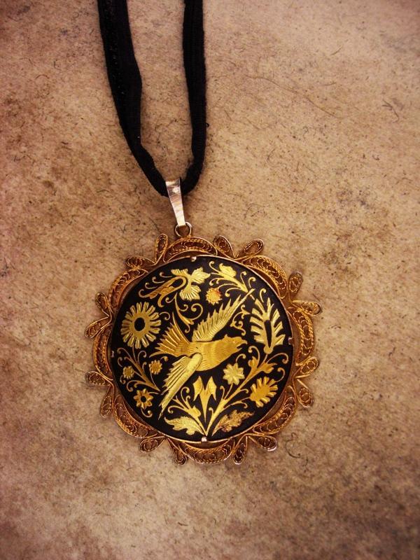 Vintage Saint de' espirit Necklace / Holy dove in gold / japanned black metal / Saint-Esprit pendant / mourning necklace / black ribbon