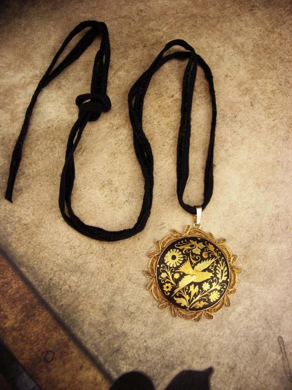 Vintage Saint de' espirit Necklace / Holy dove in gold / japanned black metal / Saint-Esprit pendant / mourning necklace / black ribbon
