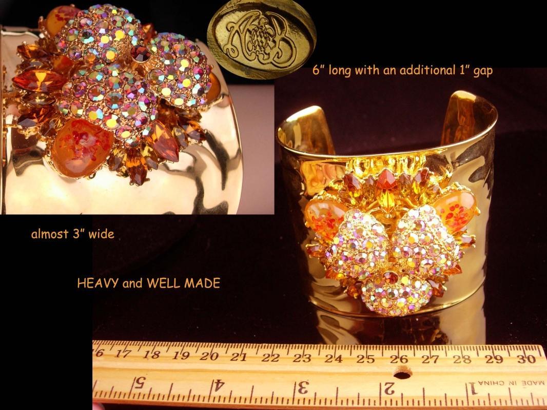 Vintage Statement bracelet / Gold wide cuff / brilliant rhinestone bracelet / designer jewelry / princess Amanda jewelry / costume cuff