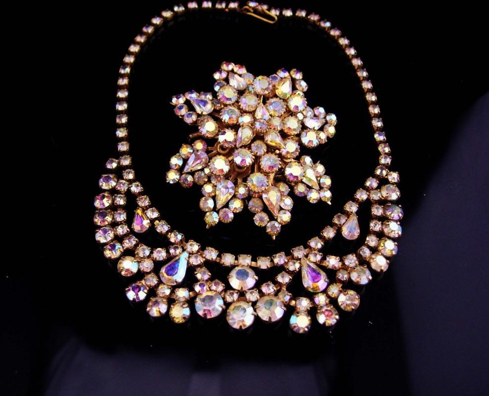 Vintage Rhinestone Necklace / Aurora borealis brooch / demi parure set / tiered HUGE brooch / estate jewelry / costume jewelry