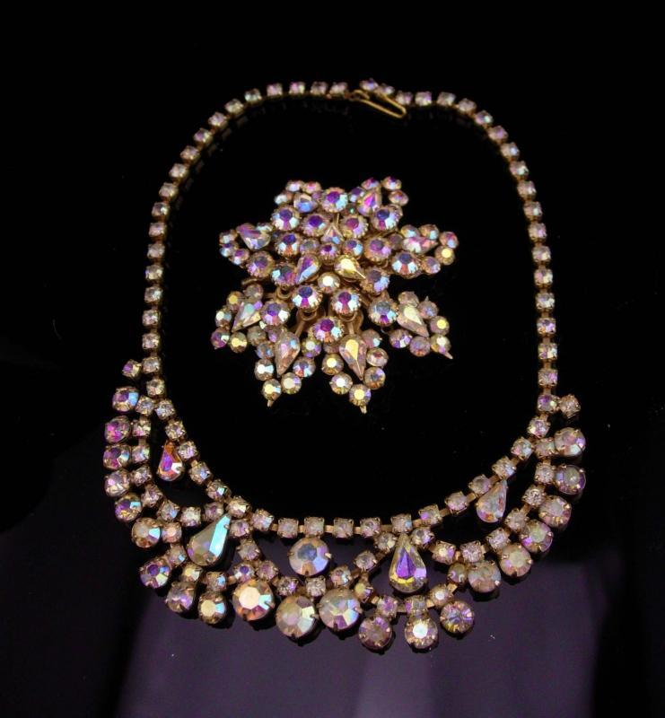 Vintage Rhinestone Necklace / Aurora borealis brooch / demi parure set / tiered HUGE brooch / estate jewelry / costume jewelry