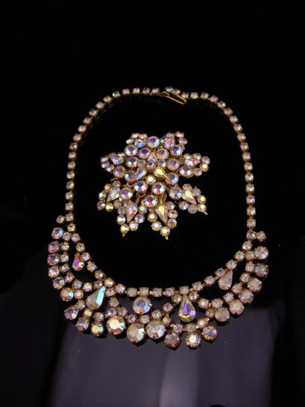 Vintage Rhinestone Necklace / Aurora borealis brooch / demi parure set / tiered HUGE brooch / estate jewelry / costume jewelry