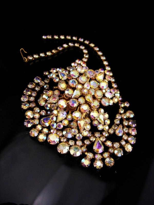 Vintage Rhinestone Necklace / Aurora borealis brooch / demi parure set / tiered HUGE brooch / estate jewelry / costume jewelry