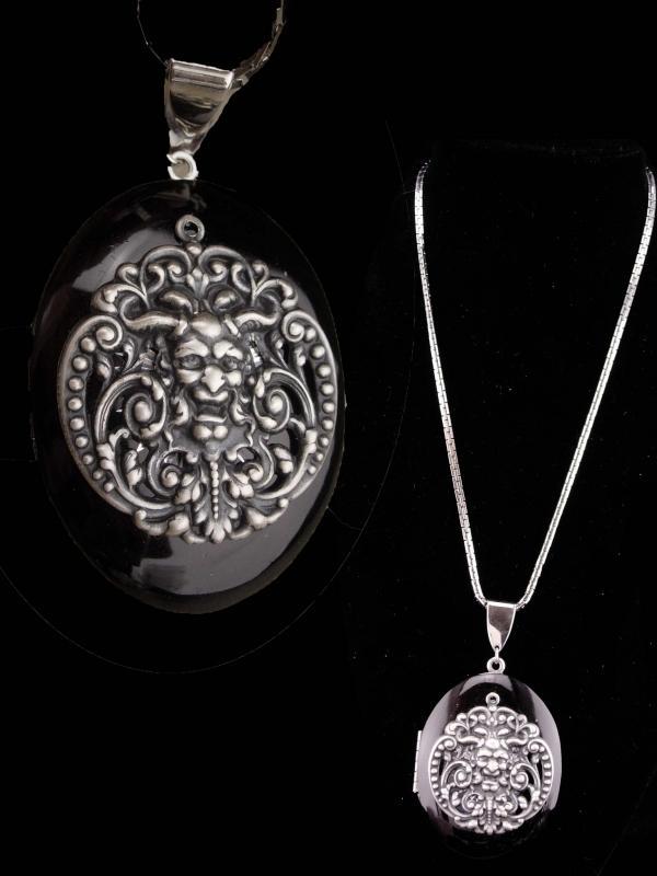 Vintage locket / Medieval necklace / black enamel / Bacchus Green Man / renaissance jewelry / silver necklace / victorian design