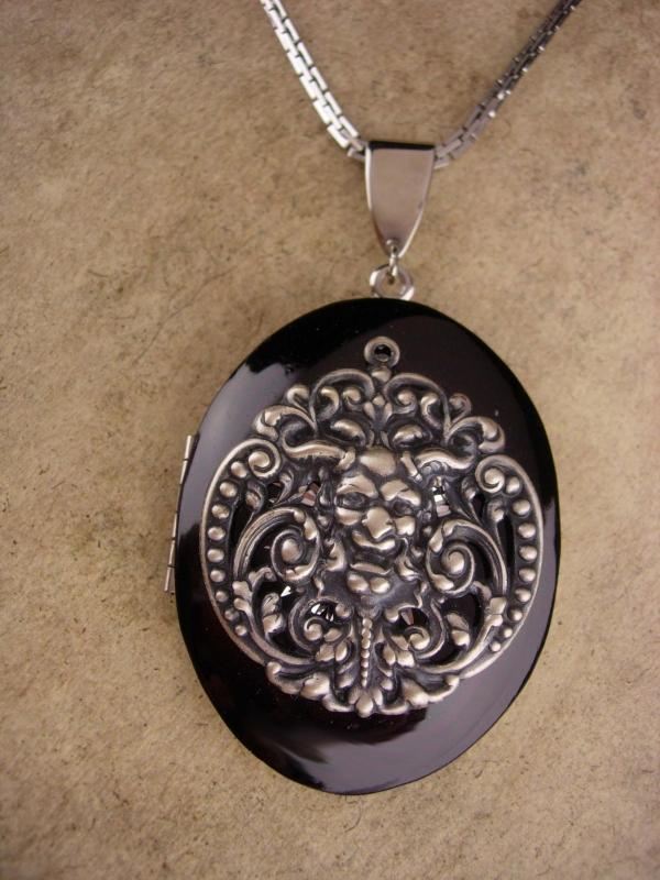 Vintage locket / Medieval necklace / black enamel / Bacchus Green Man / renaissance jewelry / silver necklace / victorian design