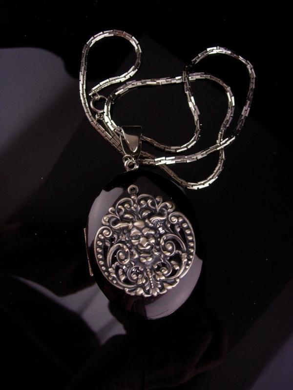 Vintage locket / Medieval necklace / black enamel / Bacchus Green Man / renaissance jewelry / silver necklace / victorian design