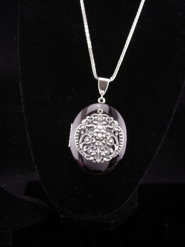 Vintage locket / Medieval necklace / black enamel / Bacchus Green Man / renaissance jewelry / silver necklace / victorian design