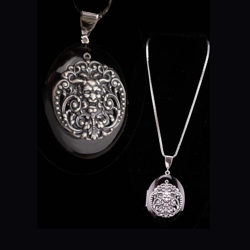 Vintage locket / Medieval necklace / black enamel / Bacchus Green Man / renaissance jewelry / silver necklace / victorian design