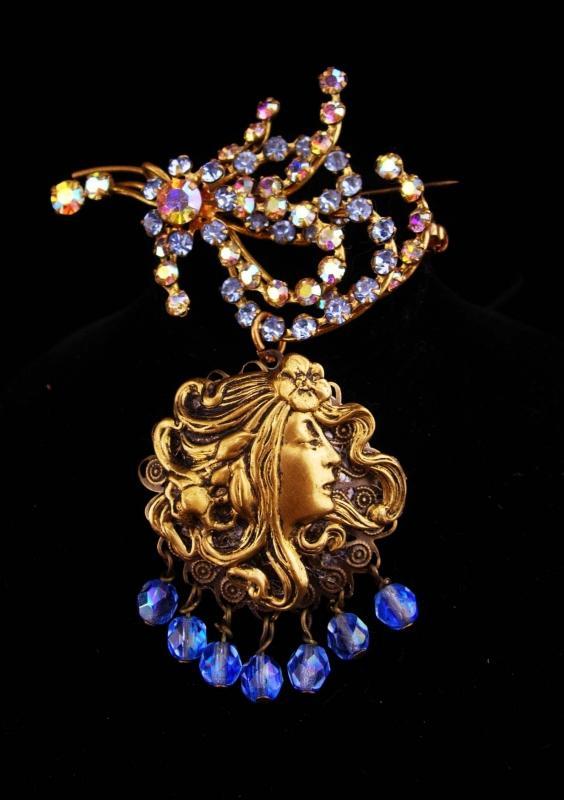 Vintage Locket / rhinestone brooch / chatelaine pin / Austrian mucha Goddess / signed costume jewelry