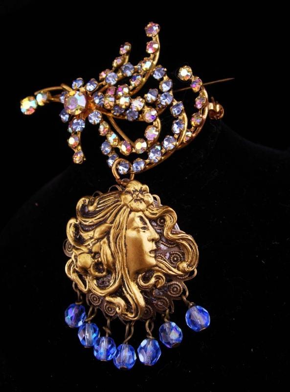 Vintage Locket / rhinestone brooch / chatelaine pin / Austrian mucha Goddess / signed costume jewelry