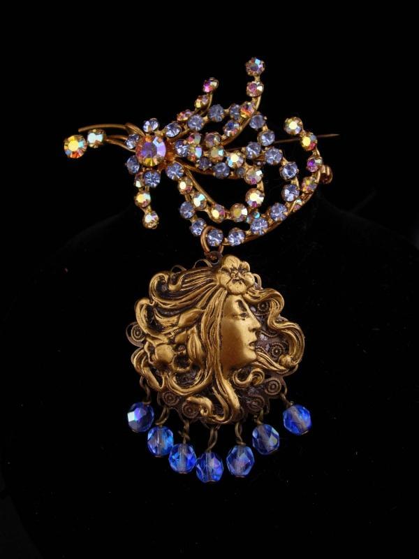 Vintage Locket / rhinestone brooch / chatelaine pin / Austrian mucha Goddess / signed costume jewelry
