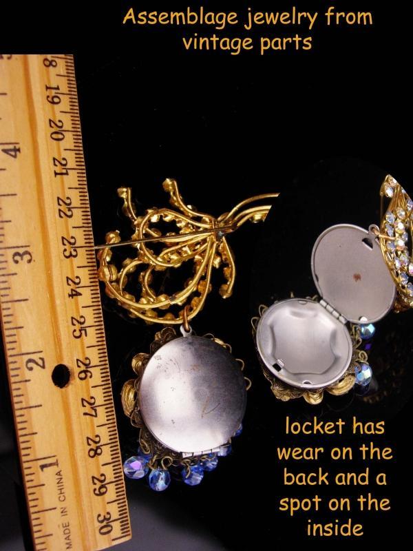 Vintage Locket / rhinestone brooch / chatelaine pin / Austrian mucha Goddess / signed costume jewelry