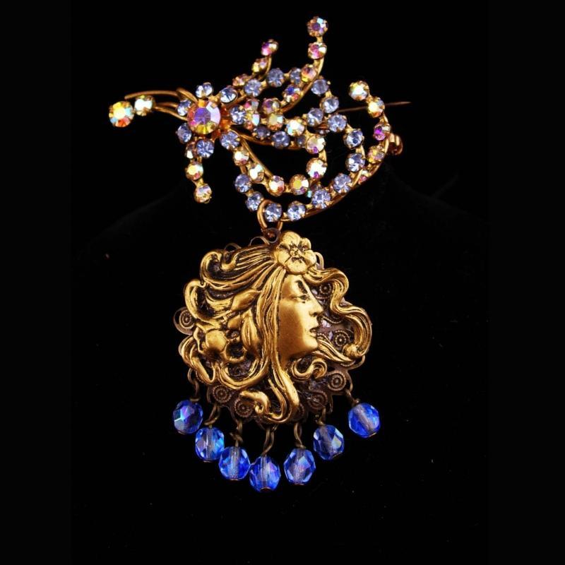 Vintage Locket / rhinestone brooch / chatelaine pin / Austrian mucha Goddess / signed costume jewelry