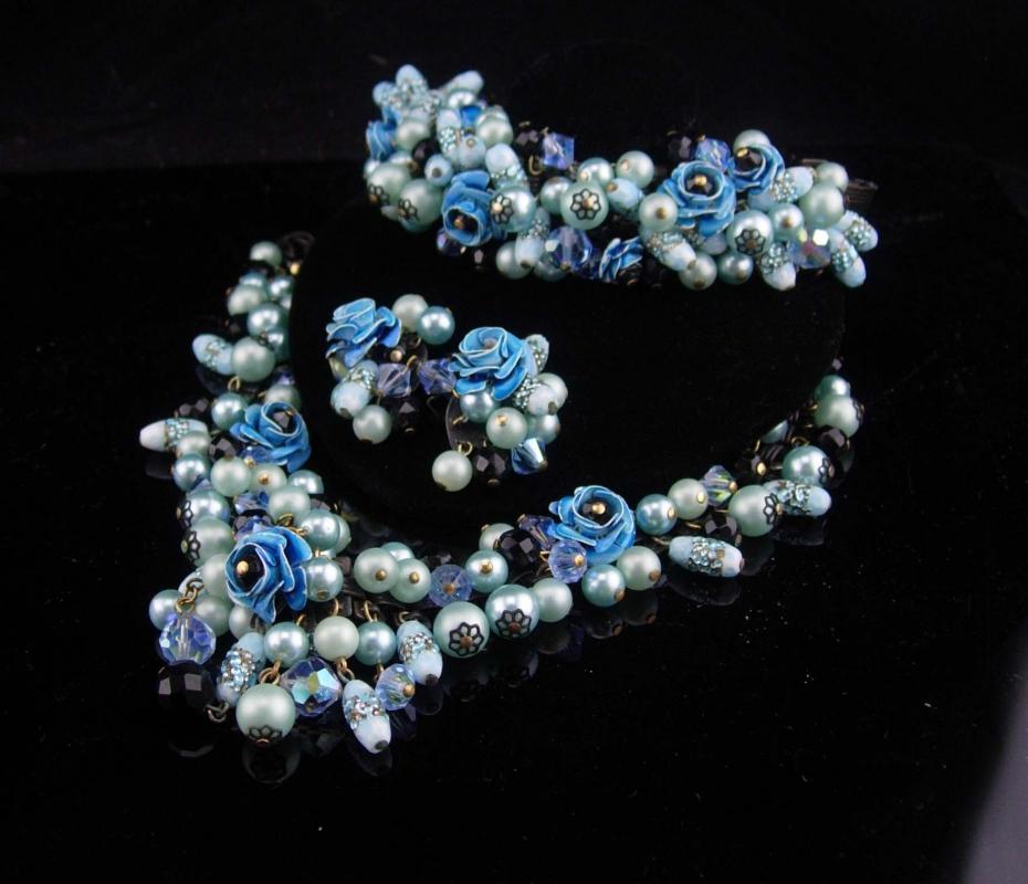 Statement parure / DRAMATIC Necklace / blue flower bracelet / japanned earrings / blue brooch / venetian foil / enamel / BOOKCHAIN parure