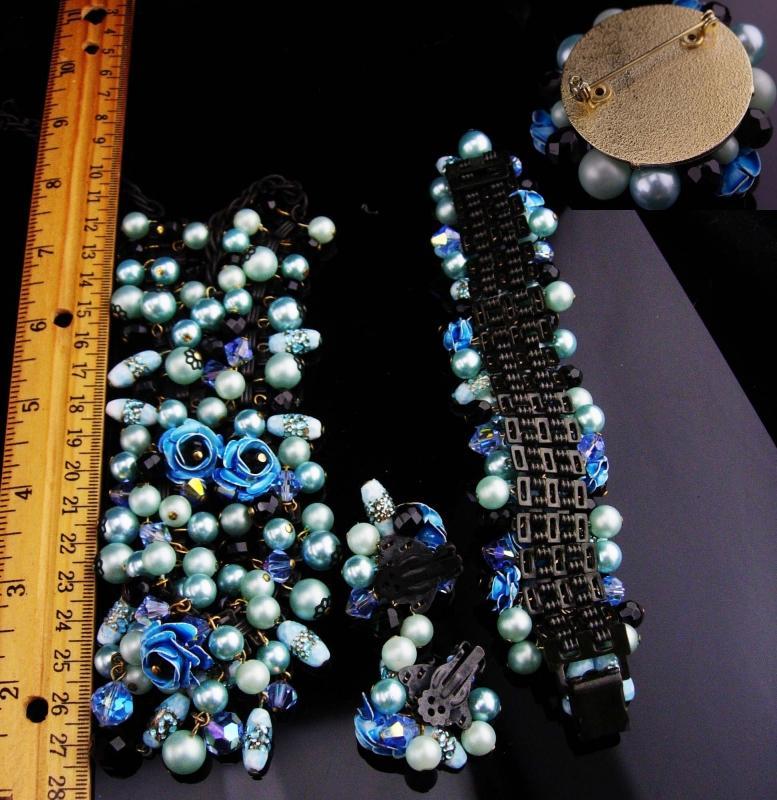 Statement parure / DRAMATIC Necklace / blue flower bracelet / japanned earrings / blue brooch / venetian foil / enamel / BOOKCHAIN parure