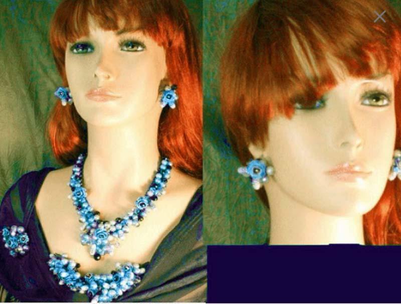Statement parure / DRAMATIC Necklace / blue flower bracelet / japanned earrings / blue brooch / venetian foil / enamel / BOOKCHAIN parure