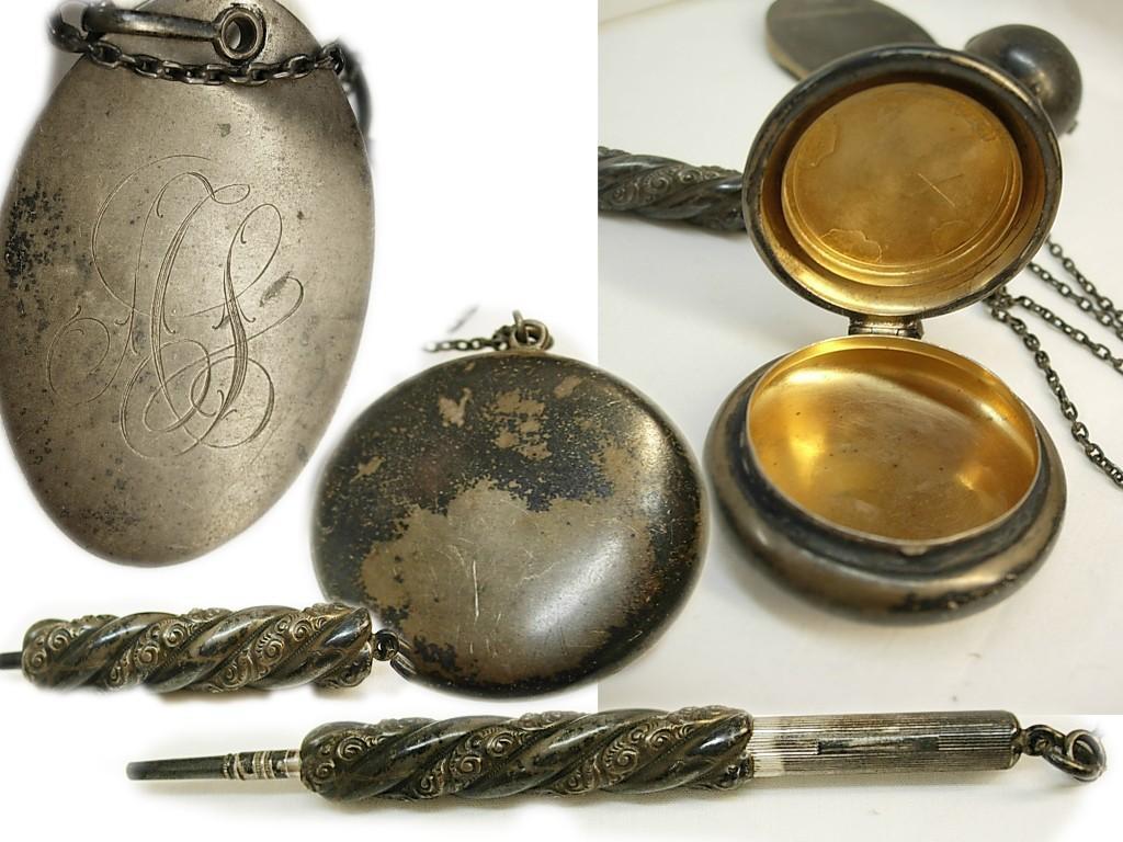 Antique sterling Chatelaine / dance card / compact coin holder / mechanical pencil / Fully hallmarked / silver finger ring